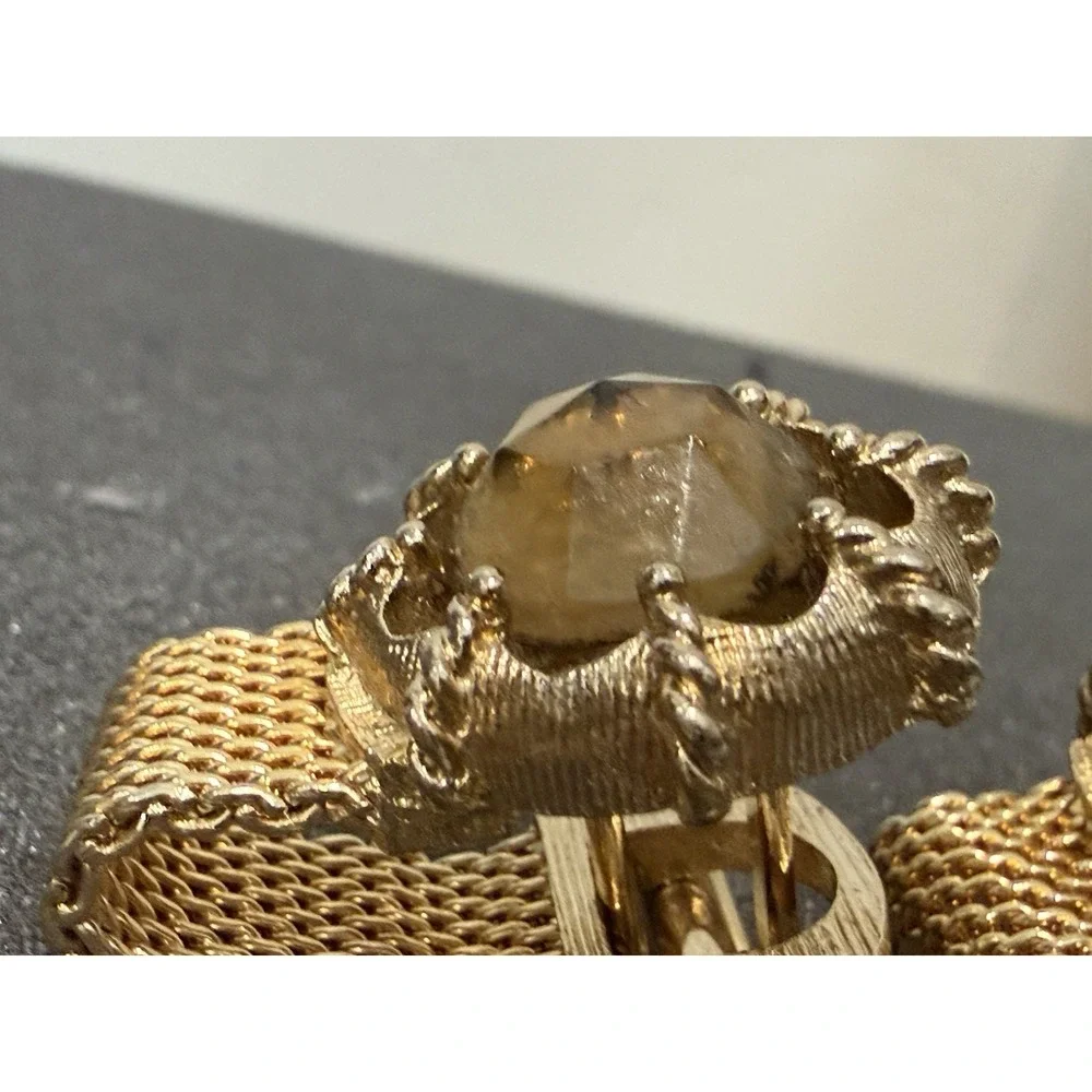Vtg Gold Tone Mesh Wrap Cufflinks Golden Brown Cabochon Midcentury